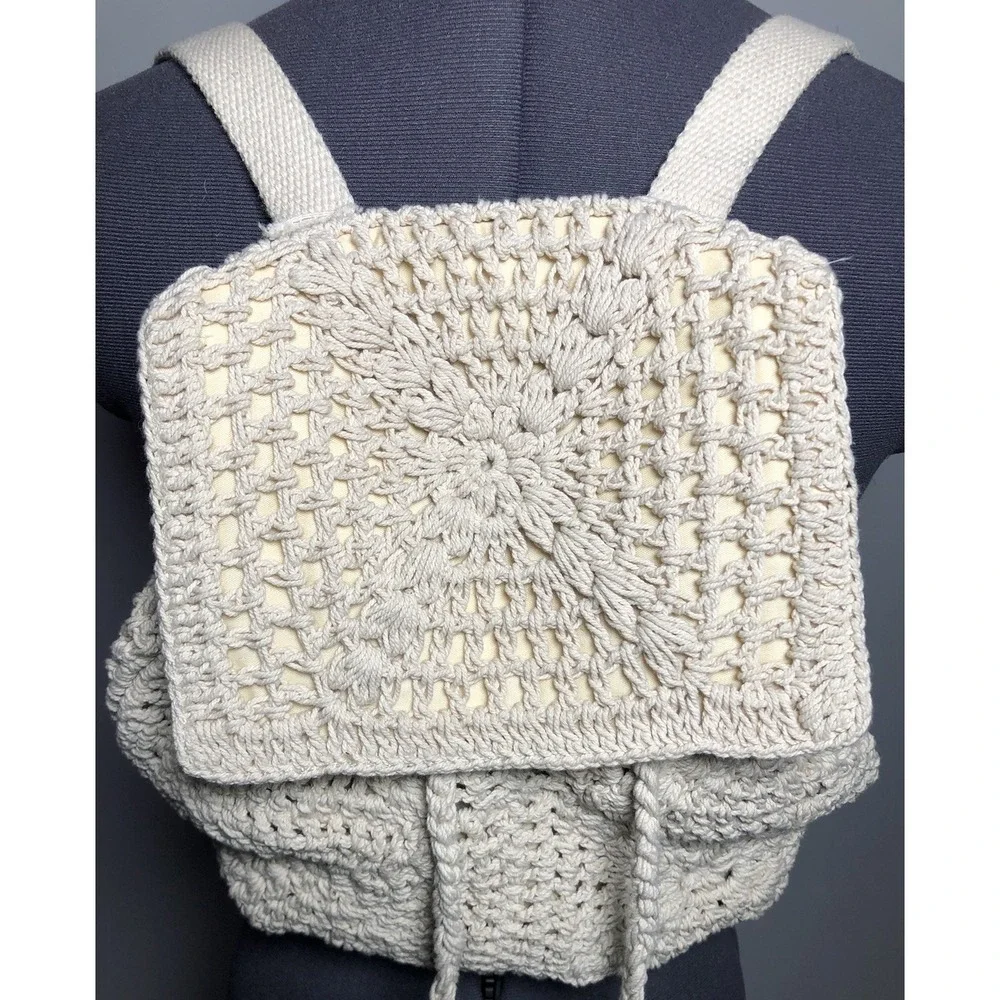 Crochet Backpack Cottagecore Boho‎ Festival Drawstring Cotton Cream STAINED